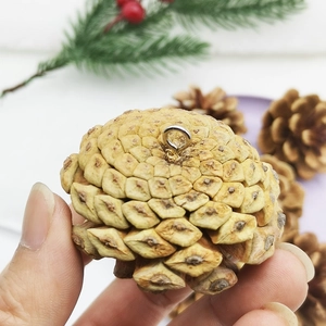 Close-up of a natural pine cone ornament with a metal loop for Christmas tree decoration