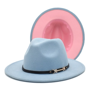 Two-tone wool fedora hat in light blue and pink with black band and gold buckle