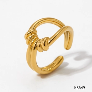 Detailed view of golden stainless steel wavy flower knot open ring with polished finish