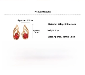 Detailed view of vintage gold teardrop earrings with red crystals and dimensions