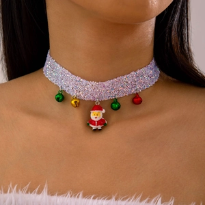 Christmas choker necklace with sequins, colorful bells and Santa Claus pendant on model
