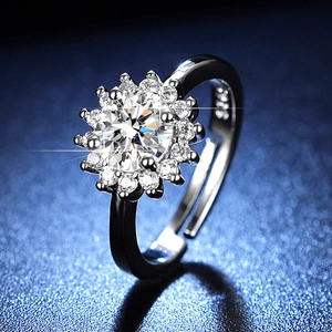 Detailed close-up showing S925 hallmark on sunflower style silver moissanite ring