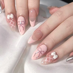 Sweet Pink Press On Nails French Style Bowknot Heart Design Detachable False Nails For Women Daily Manicure Decoration