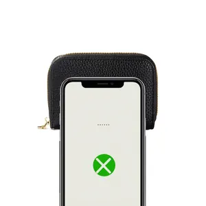 RFID blocking black pebble leather card holder with secure metal zipper closure