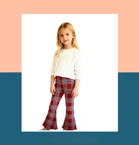 Detailed view of British style red plaid flared leggings for girls with ruffled hem