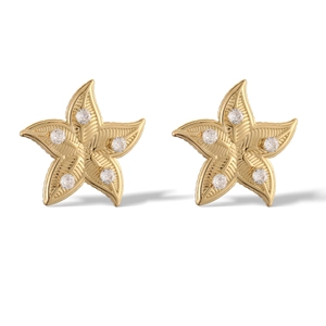 Starfish stud earrings in gold finish with white zircons and detailed textures