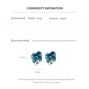 Detail showing blue flower earrings with bee design, copper material, and 3.9cm dimensions