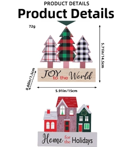 Detailed view of Christmas wooden house and plaid tree ornaments with dimension labels