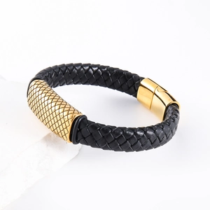 Men's black braided leather bracelet with gold stainless steel magnetic clasp on stone