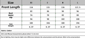 Size chart for women's linen blend dress showing measurements for XS to L in centimeters