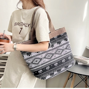 Ethnic elephant print canvas tote bag detail showing large capacity and thick fabric strap