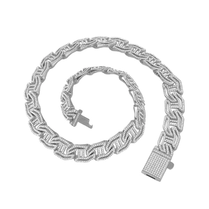Silver iced-out Cuban link necklace with H-shaped cutouts and sparkling simulated diamonds