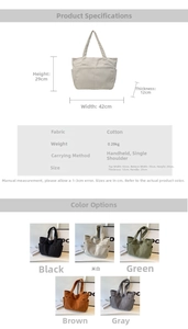 Tableau des tailles détaillé et sac fourre-tout en velours côtelé en plusieurs couleurs