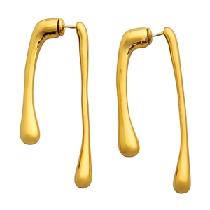 Minimalist gold plated fluid liquid metal earrings with a long irregular waterdrop design