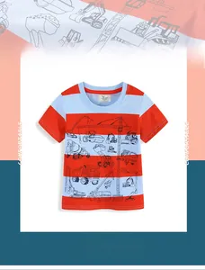 Detail of red and blue striped kids t-shirt with construction vehicle prints