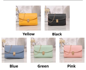 Detailed comparison of rivet chain square bags in yellow black blue green and pink colors