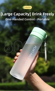 Detail of 800ml frosted sport water bottle with mint green cap and portable strap