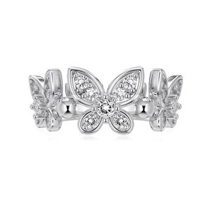 Elegant S925 sterling silver butterfly ring with micro-set zircons on white background