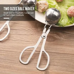 Stainless steel meatball maker scoop with scissors handle design in two sizes on wood surface