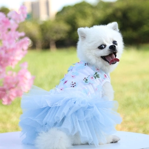 Detailed close-up of a floral pet dress with a pink layered tulle skirt for small dogs