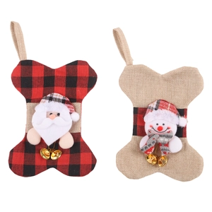 Plaid bone-shaped Christmas stockings featuring 3D Santa and snowman doll decorations