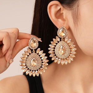 Luxury oversized gold floral teardrop earrings with champagne crystals for women