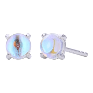 Minimalist S925 sterling silver four-prong stud earrings featuring iridescent moonstones