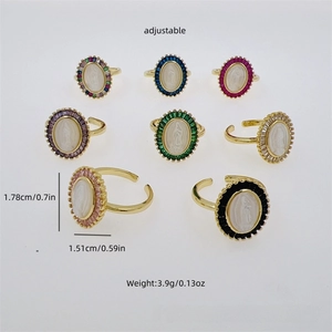 Detailed size view of an 18K gold plated adjustable ring with zircon and Virgin Mary icon