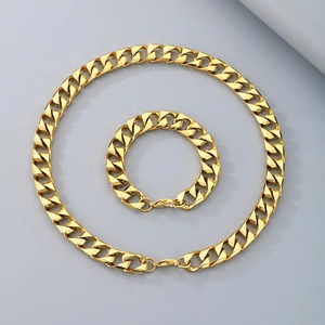 Polished gold hip-hop Cuban link chain necklace and bracelet set with lobster clasp