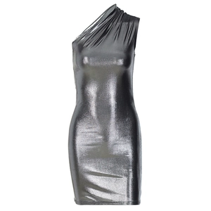 Silver metallic one-shoulder bodycon mini dress with ruched details and a slim fit