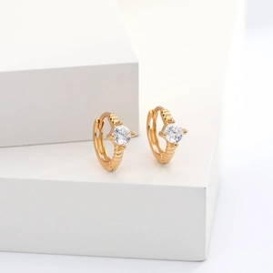 Golden S925 sterling silver hoop earrings with round zircon stones on geometric pedestals