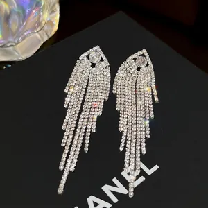 Macro shot of silver tassel earrings with sparkling rhinestones and long fringe detail