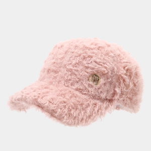 Rosa flauschige Plüsch-Baseballkappe mit goldenem R-Buchstaben-Emblem und Kunstpelz