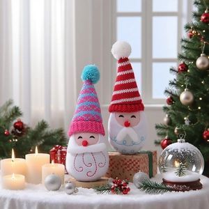 Charming knitted Christmas gnome figurines with stripes on festive window background