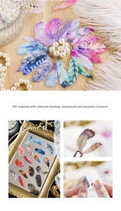 Artistic detail of waterproof PET feather stickers on wooden background for DIY scrapbooking