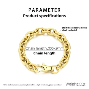 Detailed view of golden stainless steel link bracelet with 200x9mm size specifications