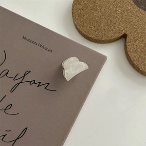 Dettaglio di un mini fermaglio per capelli bianco traslucido su un libro in stile minimal