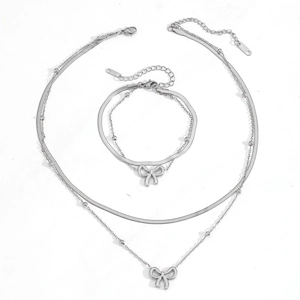 Détails de l'ensemble collier et bracelet double couche avec nœud en argent