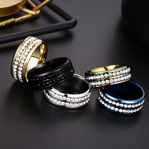 Set of five double-row crystal titanium steel rings in gold, black, silver and blue