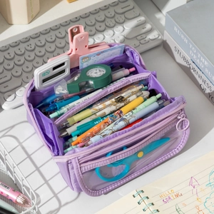 Macro view of purple large capacity multi-layer pencil case with transparent PVC front pocket