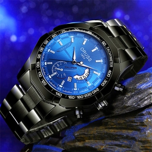 Detail of ORUSS chronograph watch with blue sunray dial on dark stone display