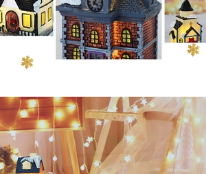 Detailaufnahme der leuchtenden LED-Weihnachtshäuser aus Harz mit warmen Lichteffekten