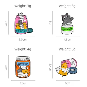 Enamel pins set featuring cute cats in medicine jars with Happy Pills text labels