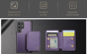 Macro view of purple leather magnetic wallet case for Samsung S series with card holder