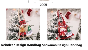 Detail of Christmas burlap gift bags featuring 3D reindeer and snowman designs