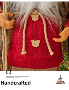 Detail of handmade knit red sweater with bear-shaped wooden buttons on Santa doll