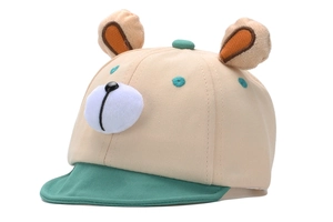 Detail of baby baseball cap featuring 3D plush ears and cute bear face design