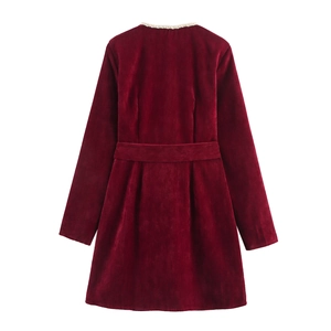 Elegant burgundy chenille dress with vintage lace collar and belt, rear view on white background