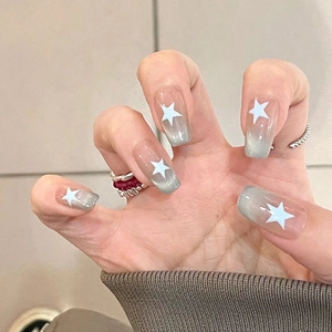 Cat Eye Press On Nails Gradient Blue Star French Manicure Coffin Shape Removable Artificial Fingernails For Women