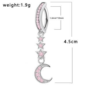 Detail view of moon and star belly button ring with pink zircon and 1.6mm steel needle